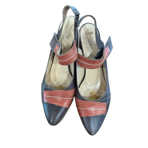 Fidji Shoes - Women’s 9.5 Fidji leather slingback Wood block heel sandal Boho Patchwork Spring
